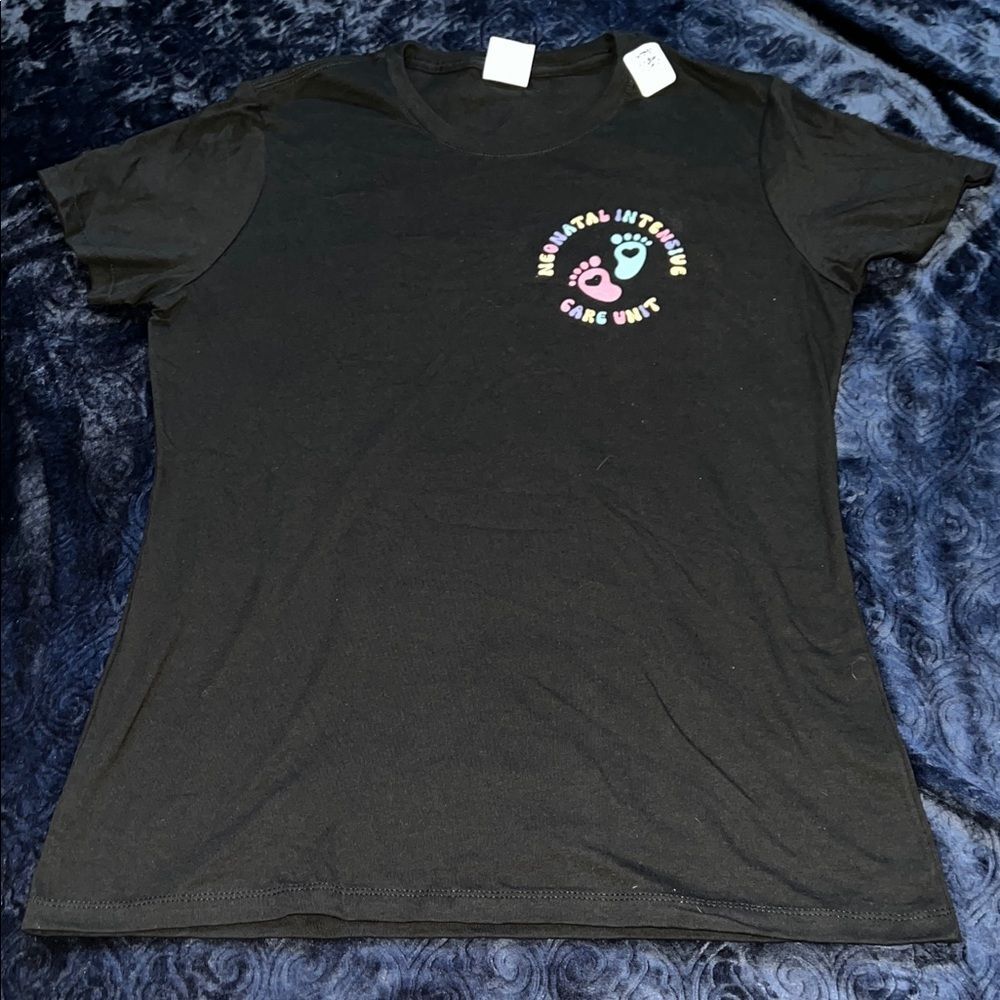 NICU Neonatal Intensive Care Unit Front & Back Black Graphic T-Shirt (Women’s M)